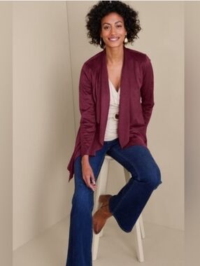 Soft Surroundings Draped Open-Front Cardigan in Deep Plum